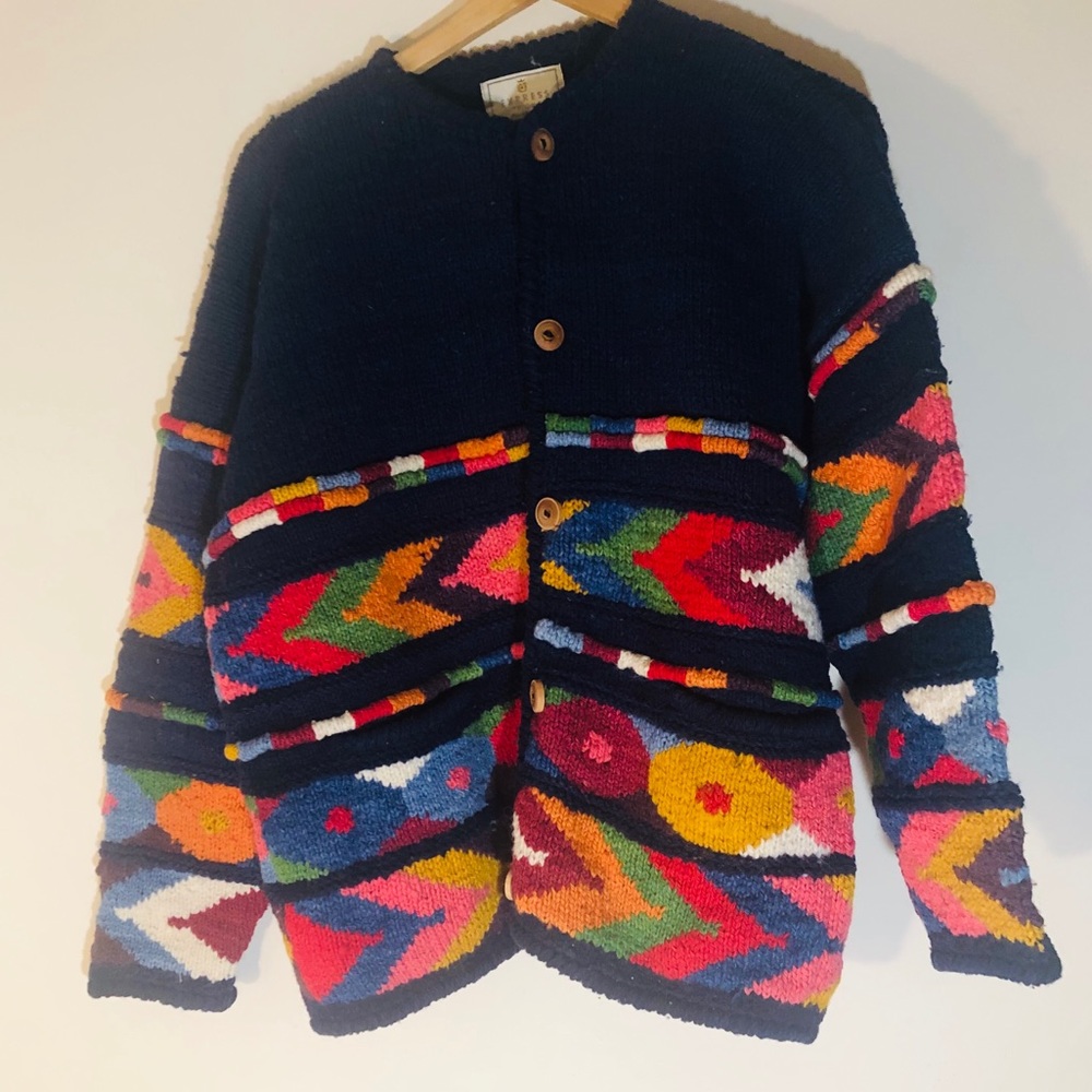 Unique Technicolor Hand-knit Wool Cardigan